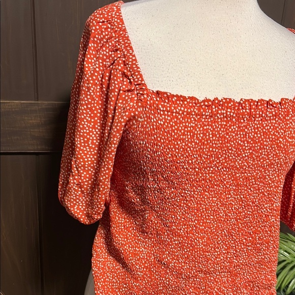 LOFT Orange and White Puff Sleeve Smocked Blouse - Picture 6 of 7